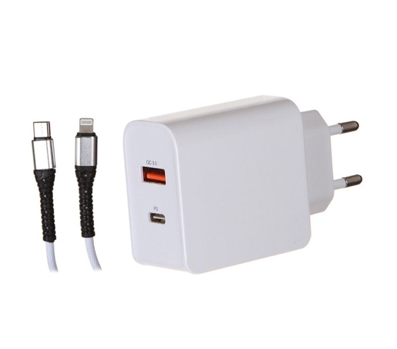 Сетевое зарядное устройство Red Line Tech USB + Type-C (модель PD-30), 3A, QC3.0 + PD30 + кабель PD Lightning, белый