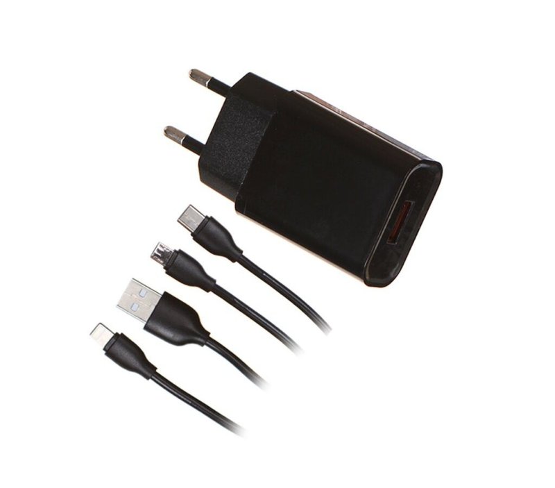 Сетевое зарядное устройство Red Line Tech USB QC 3.0 (модель NQC1-3A) + кабель 3в1, USB – microUSB + Lightning + Type-C, 2A, черный